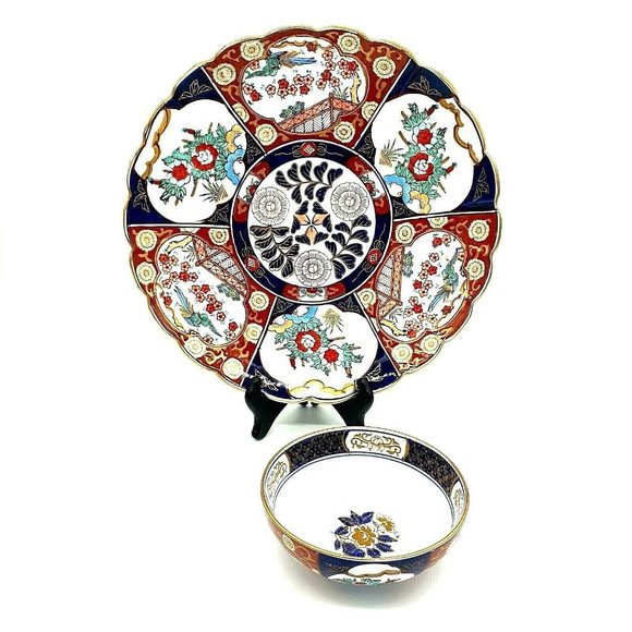 Japanese Gold Imari Hand Painted Charger Platter Plate 13 1/2" Vintage w/ Bowl